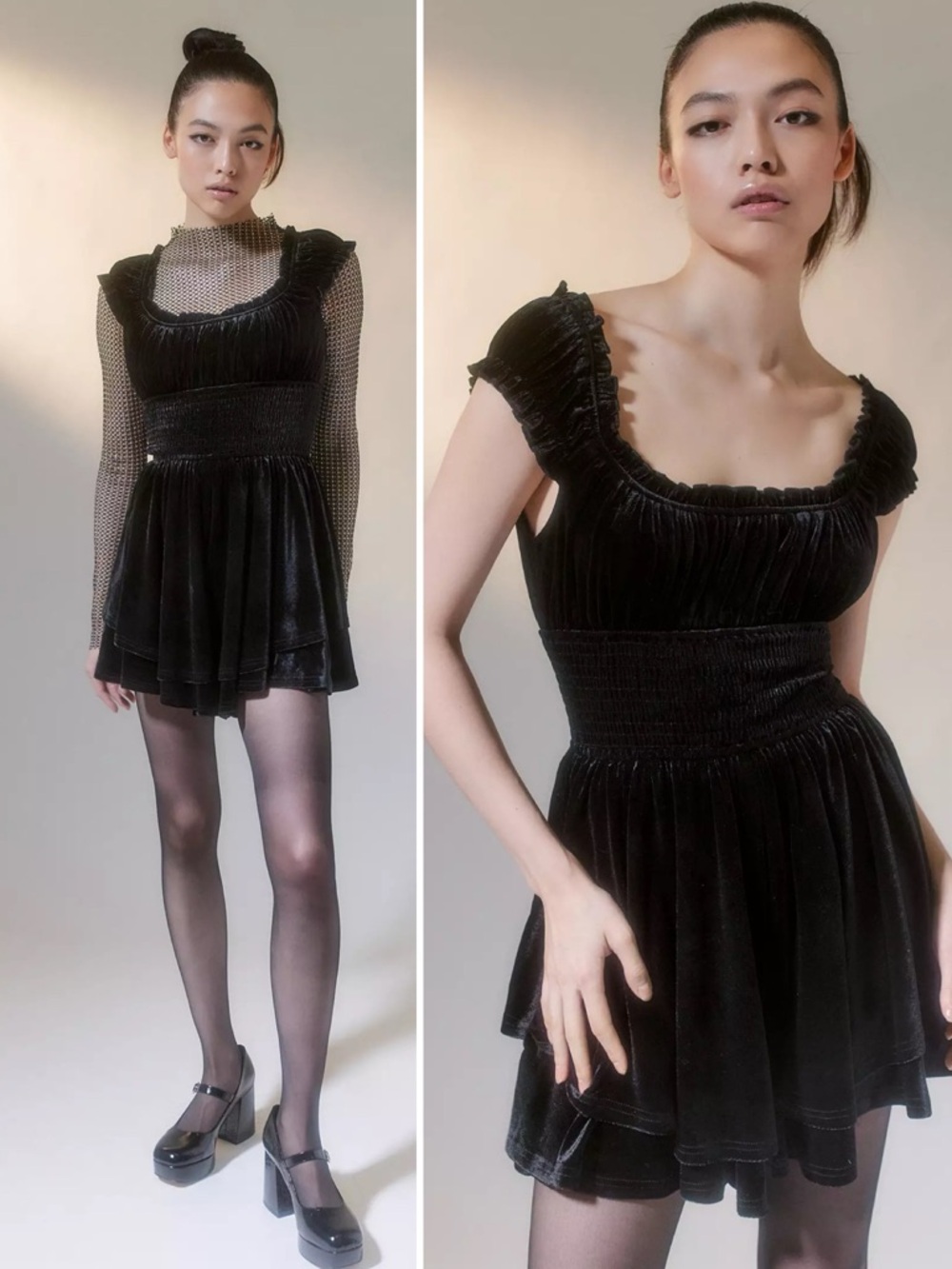Urban Outfitters Rosie Black Velvet Ruched Tiered Romper Goth Babe Sz XS 💚🎀